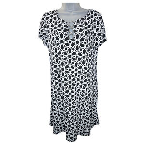 MSK Wom LG Short Sleeve Dress Black White Geometric Y2K Office Wear Spring EUC